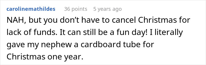 Comment about father wanting to cancel Christmas due to financial struggles with affordability concerns.