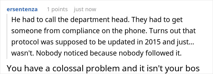 Text message conversation about boss enforcing strict rules by the book causing office shutdown and compliance issues.
