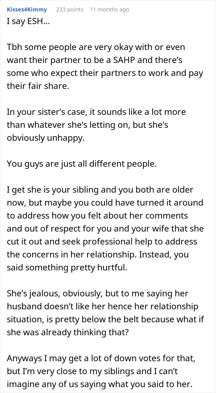 Screenshot of a Reddit comment discussing a guy's affection for his sick wife and sister's jealousy about her husband.