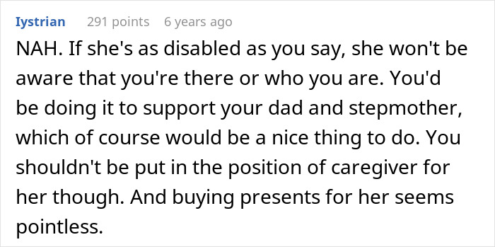 Comment discussing a sad teen refusing visit to special needs stepsister in hospital, debating caregiver responsibilities and support.
