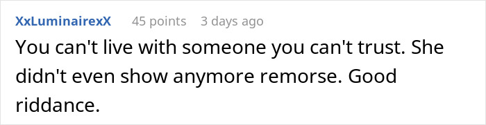 Comment discussing trust issues after a man kicks out girlfriend for secretly clubbing and losing his car.