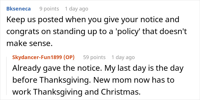 Screenshot of online comments discussing a hospital&rsquo;s family first vacation policy and its impact on a child-free employee quitting before Christmas.