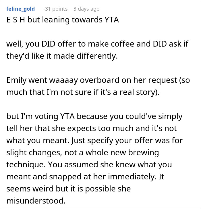 Comment discussing MIL offering to make morning coffee for DIL but ignoring instructions after fancy recipe demand.