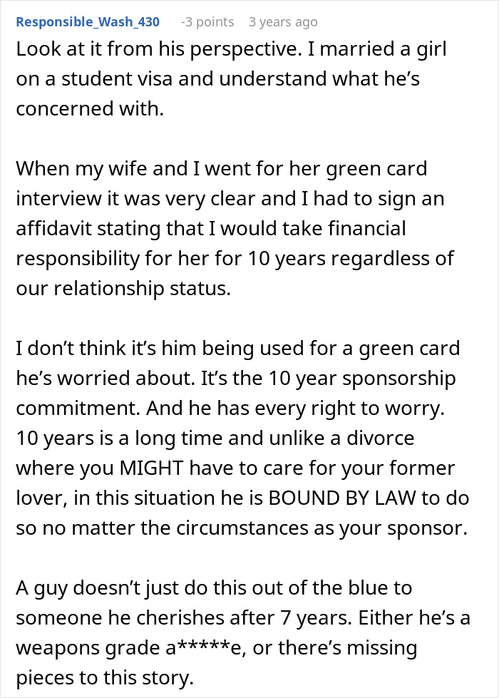 Comment discussing green card sponsorship concerns and financial responsibility during immigration process.