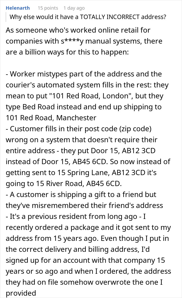 Comment explaining causes of wrong address deliveries and company errors in online retail shipping systems.