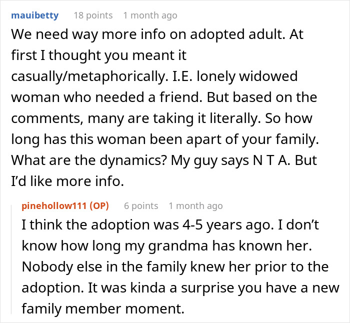 Commenters discussing the dynamics of a woman and her service dog amid Thanksgiving drama and family adoption questions.