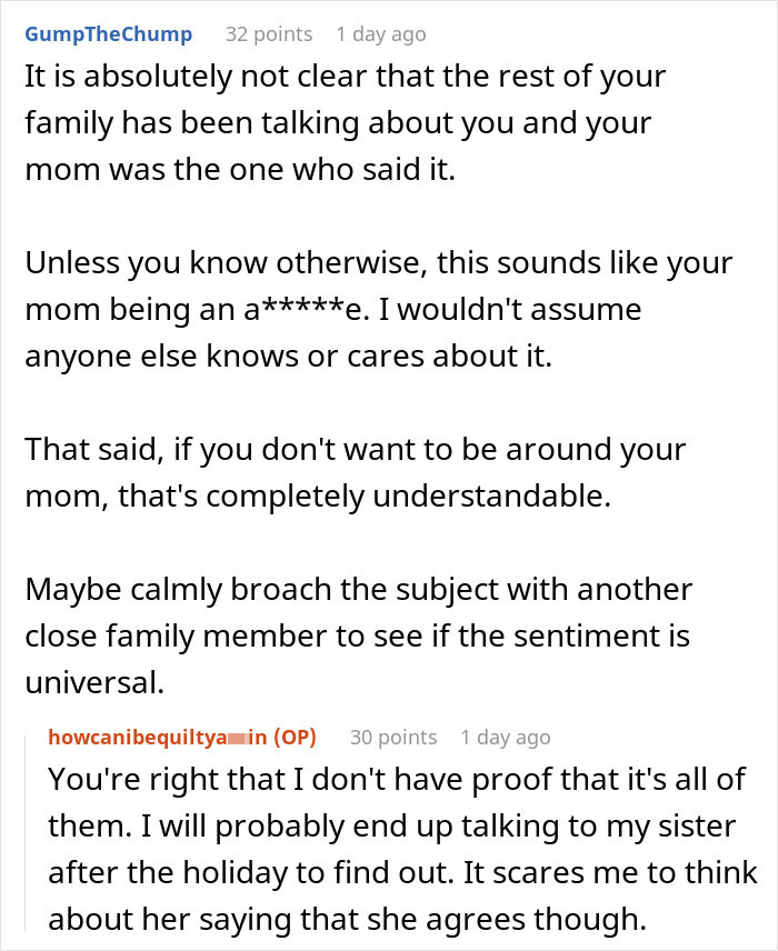 Screenshot of an online discussion about a woman wanting to skip Thanksgiving due to a mom’s unhinged text message. Screenshot of an online discussion about a woman wanting to skip Thanksgiving due to a mom’s unhinged text message.