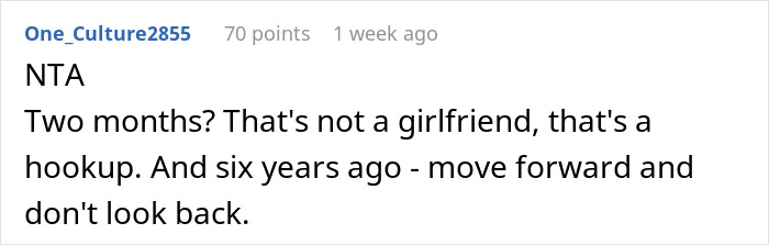 Screenshot of a forum comment discussing a man refusing to visit his terminally ill ex-girlfriend who cheated on him.