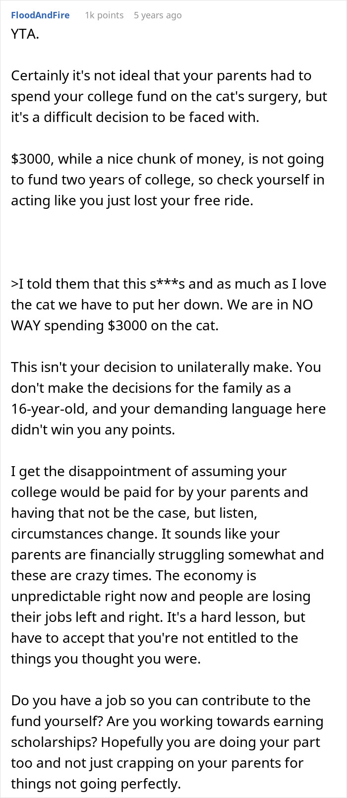 Screenshot of a Reddit comment discussing parents using $3k from 16YO's college fund for cat's surgery and teen's refusal.