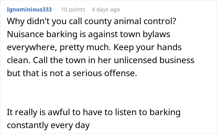 Comment discussing nuisance barking and animal control in relation to neighbors who can't keep their dogs quiet.