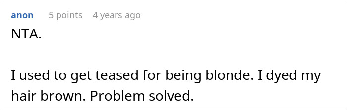 Comment on a forum discussing dyeing hair orange and classmate drama, mentioning hair color change to brown to avoid teasing.