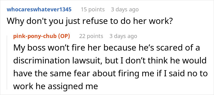 Screenshot of a conversation about a woman eating what she shouldn&rsquo;t and a coworker dealing with the consequences.