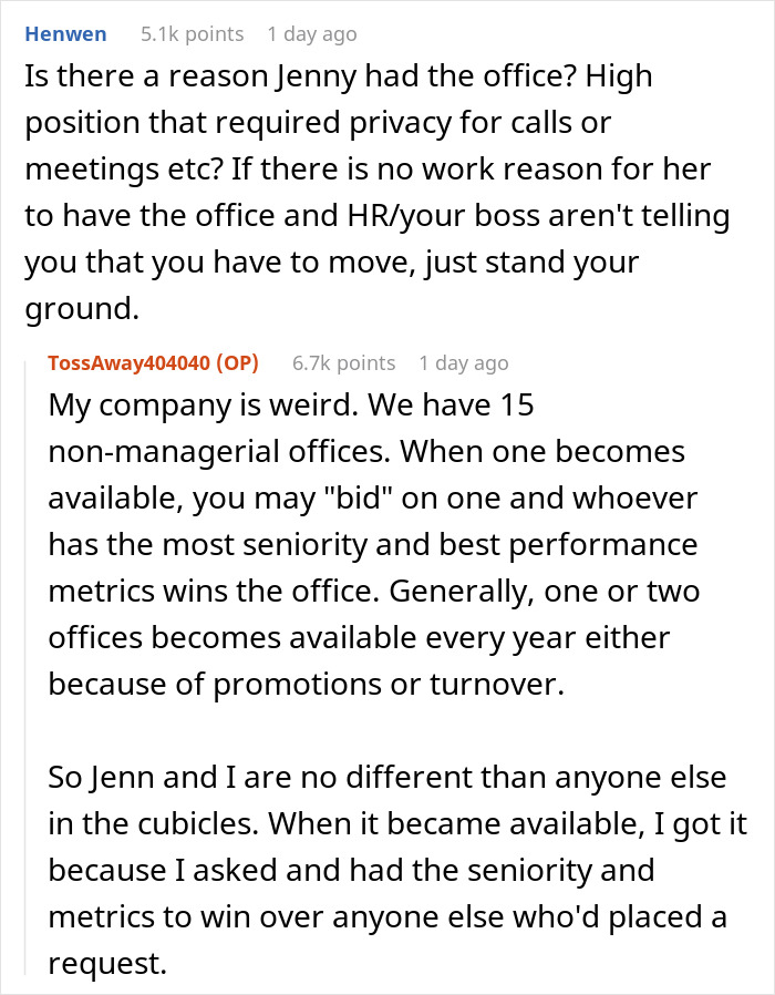 Comments discussing a woman expecting her private office back after working from home and company office allocation rules.
