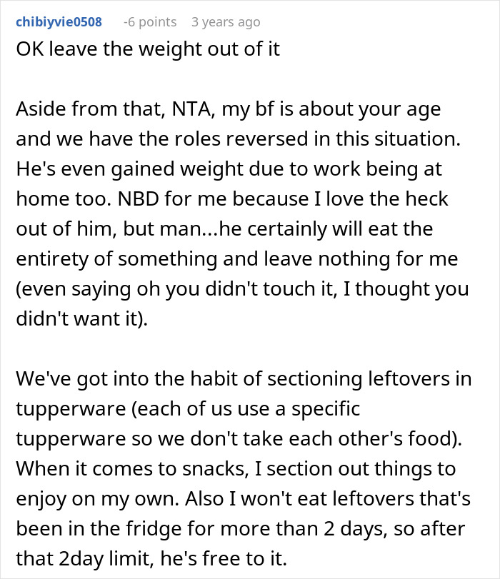 Commenter discusses weight gain and sharing leftovers in relationship, addressing eating habits and division of food storage containers.