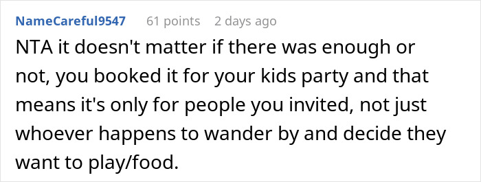 Screenshot of an online comment about an entitled mother demanding food at a private party she was denied entry to. Screenshot of an online comment about an entitled mother demanding food at a private party she was denied entry to.