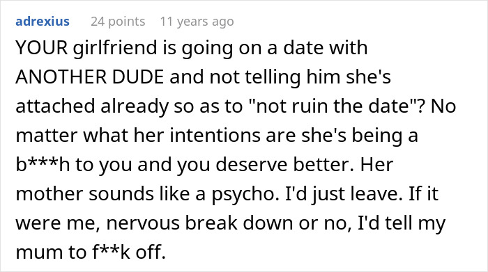 Screenshot of a heated online comment about a mom destroying daughter&rsquo;s happy relationship after sending her on a date.