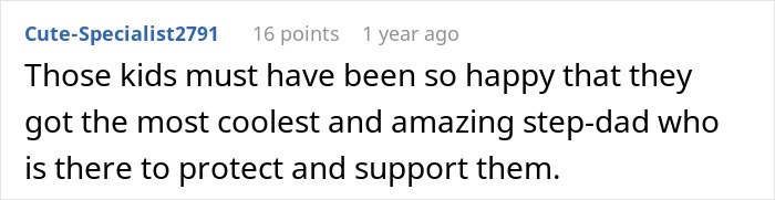 Comment on Reddit post praising step-dad protecting kids after sister&rsquo;s tantrum disrupts Thanksgiving celebration.