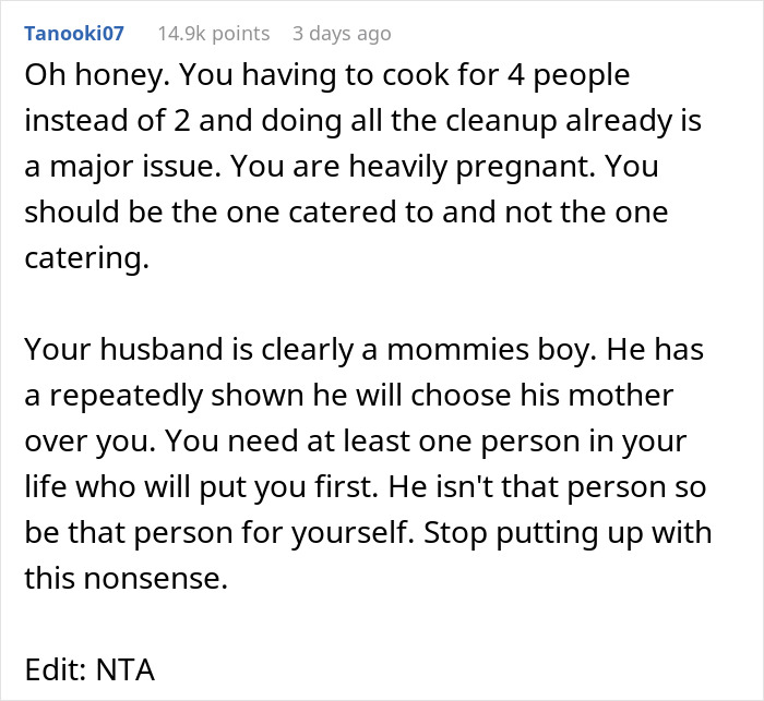 Comment discussing a pregnant woman's demand for husband respect, emphasizing her need to be cared for and prioritized.