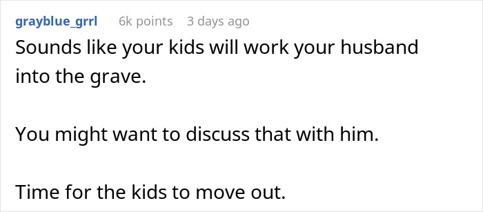 Comment discussing children impacting husband retirement and family finances, suggesting a need to address the situation.