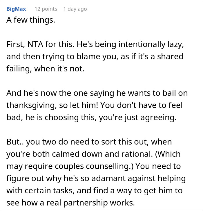 Comment discussing husband's reluctance to help with Thanksgiving tasks and wife considering banning him from shopping.