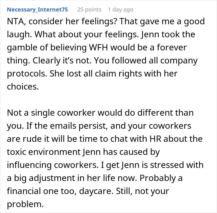 Comment discussing a woman expecting her private office back after working from home for 2 years and facing reality.