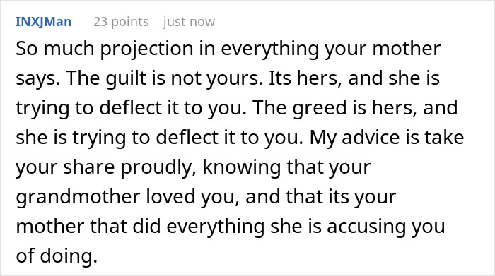 Comment about a mom preventing solicitor contacting daughter over grandma's inheritance, discussing family guilt and greed. Comment about a mom preventing solicitor contacting daughter over grandma's inheritance, discussing family guilt and greed.