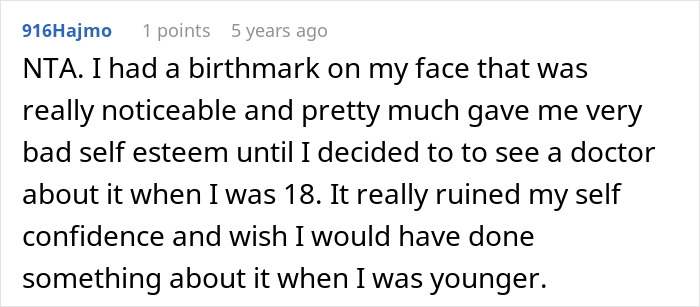 Screenshot of an online comment discussing mole removal and its impact on self-esteem in a cosmetic surgery context.