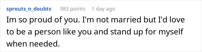 Screenshot of a social media comment praising a woman who stops treating her husband like a kid and stands up for herself.