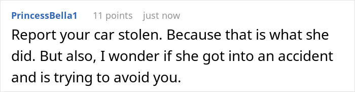 Text conversation screenshot showing a comment about a lady borrowing a car for an hour and keeping it for days. Text conversation screenshot showing a comment about a lady borrowing a car for an hour and keeping it for days.