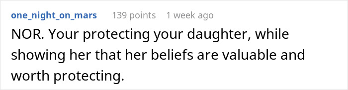 Comment text expressing support for protecting daughter&rsquo;s pagan beliefs amid family conflict over forbidden foods.