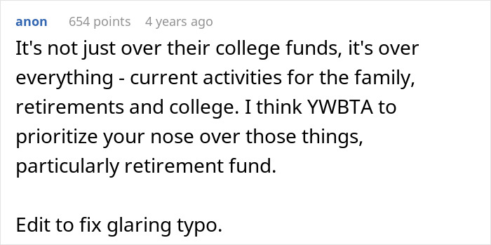 Comment discussing choosing nose job over kids college funds, prioritizing personal expenses over family savings.