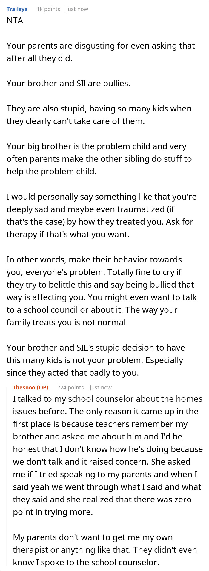 Reddit comment discussing golden child brother entitled to free meals and scapegoat sibling refusing in family conflict.