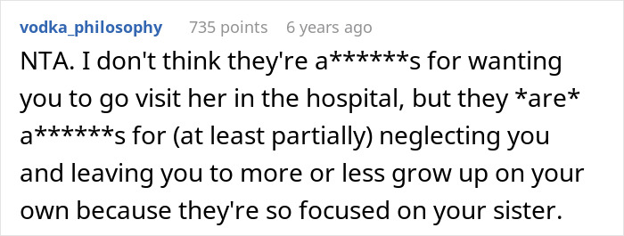 Text comment from user vodka_philosophy discussing feelings about visiting a special needs stepsister in the hospital.