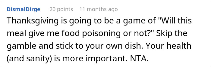 Comment discussing concerns about hazardous cooking causing food poisoning risks for a pregnant woman during Thanksgiving.