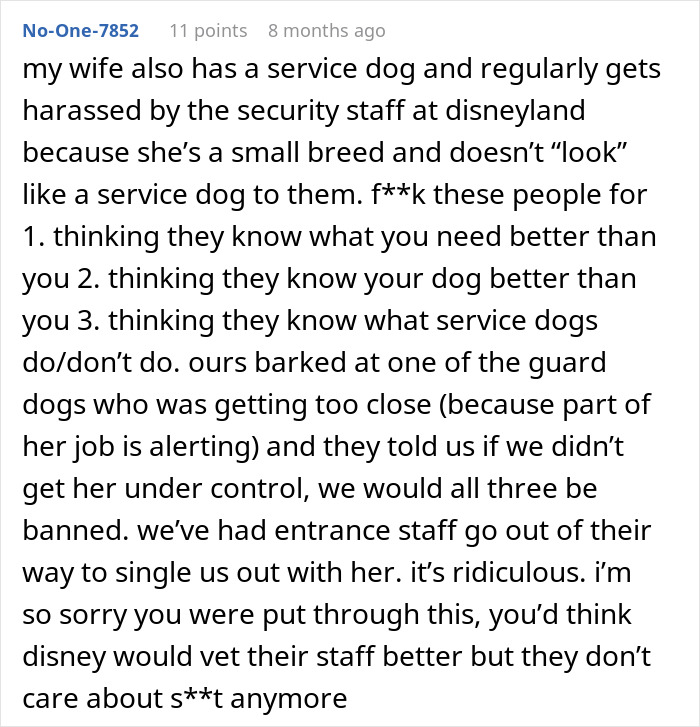 Reddit comment discussing Disneyland security harassing a disabled woman&rsquo;s service dog due to staff misunderstanding service dog roles.
