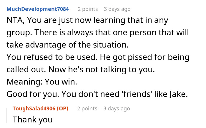 Screenshot of an online discussion about a guy taking advantage of friends at dinner and one friend standing up. Screenshot of an online discussion about a guy taking advantage of friends at dinner and one friend standing up.