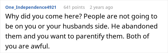 Comment text on a social media post expressing criticism about a woman asking stepchildren about home or boarding school decisions.