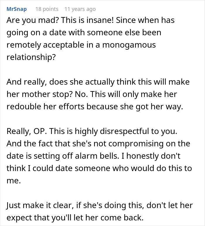 Comment expressing outrage over mom destroying daughter's happy relationship by sending her on a date with someone else.