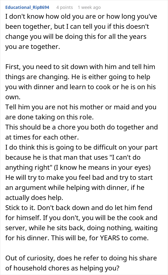 Comment text about a guy leaving domestic chores to wife, expecting dinner, and her done playing his mommy stance.