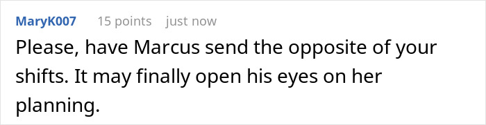 Screenshot of online comment discussing future MIL scheduling family events on days lady is working and suggestion to send opposite shifts.