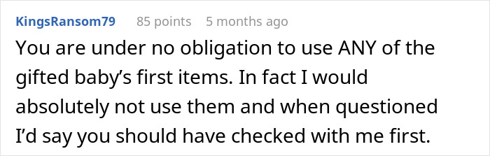 Comment discussing discomfort with leaving baby alone with mom or mother-in-law and concerns about using baby&rsquo;s items.
