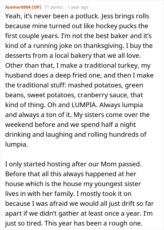 Text from a Reddit thread where a woman describes hosting traditional family Thanksgiving and feeling tired.