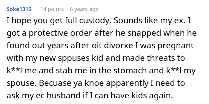 Alt text: Online comment discussing woman dealing with toxic ex and his constant threats in a protective order context.