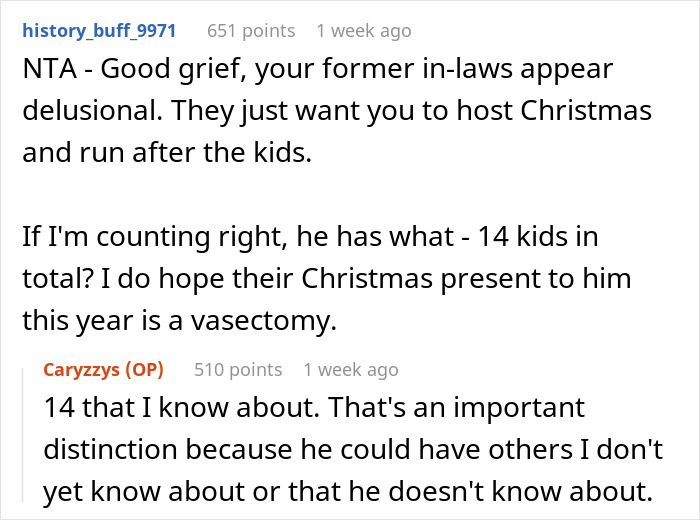 Screenshot of a Reddit conversation discussing in-laws upset over refusing to host a blended family Christmas with affair kids.