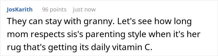 Comment about sister gentle parenting style at home, mentioning granny&rsquo;s role and a playful reference to a rug.