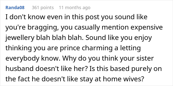 Comment discussing a guy's affection for his sick wife annoying his sister and questioning why her husband doesn't like her.