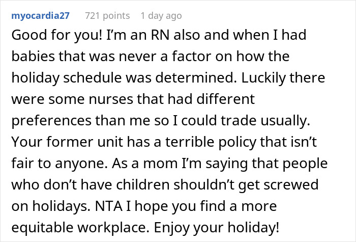 Comment discussing unfair hospital family first vacation policy affecting child-free employees before Christmas quitting their jobs.