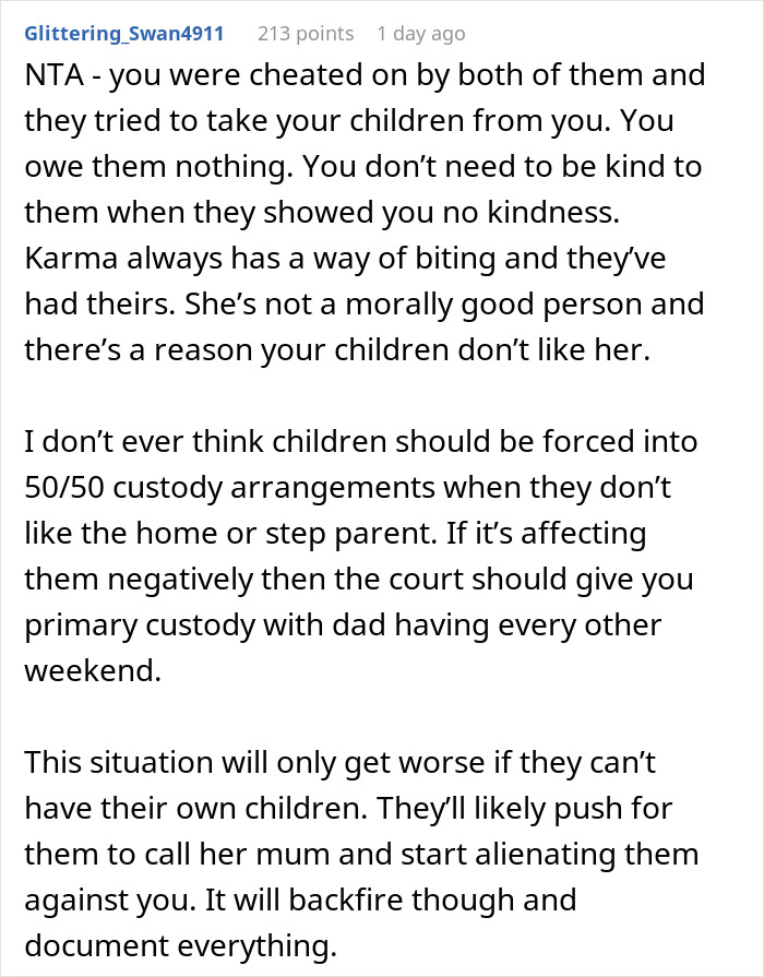 Comment discussing a cheating husband furious at ex-wife for not caring about his mistress's infertility and custody challenges. Comment discussing a cheating husband furious at ex-wife for not caring about his mistress's infertility and custody challenges.