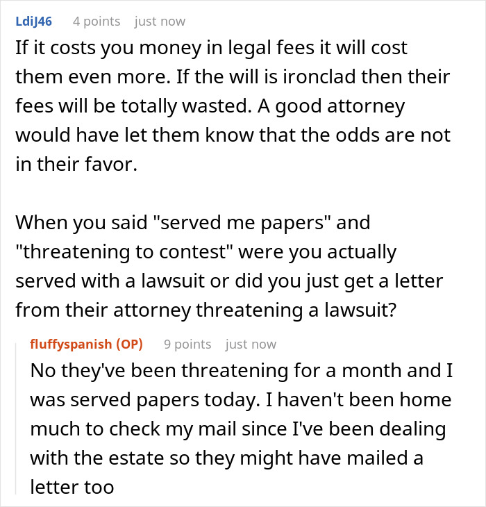Screenshot of online discussion about entitled siblings raging after learning dad cut them from his will and legal threats over the estate.