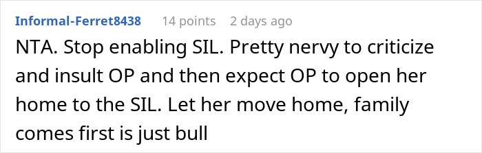 Screenshot of a forum comment discussing a woman refusing to let her homeless sister-in-law move in, mentioning family conflict.